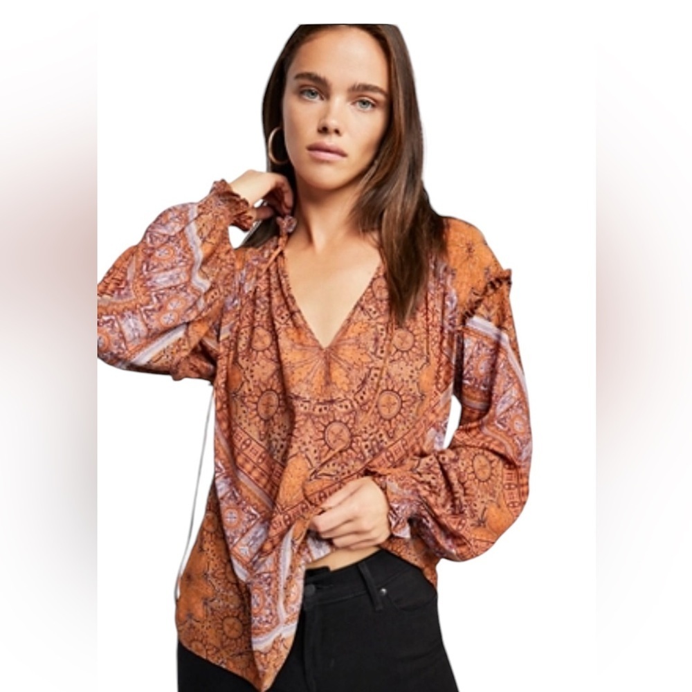 Free People little runaway Brown Paisley Mandarin Collar Puff Sleeve Top.